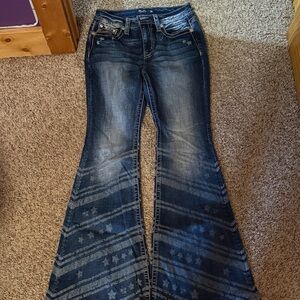 Miss Me Dark Blue Star Pattern Flare Jeans